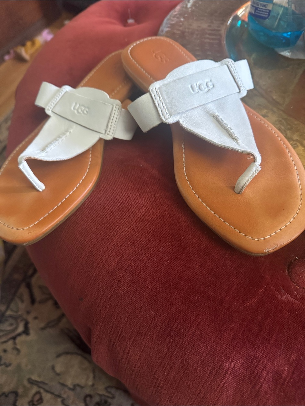 UGG White Leather Thong Sandals with Tan Footbed